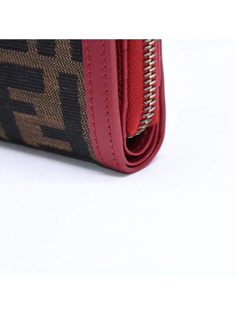 Fendi Compact Wallet Bifold Zucca Pattern Canvas Leather Brown Red Gold